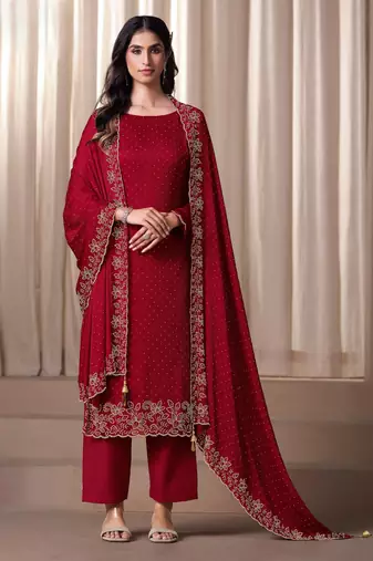 Red beads work satin chiffon semi-stitched pant style salwar kameez for wedding party