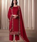 Red beads work satin chiffon semi-stitched pant style salwar kameez for wedding party