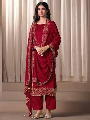Red beads work satin chiffon semi-stitched pant style salwar kameez for wedding party 2