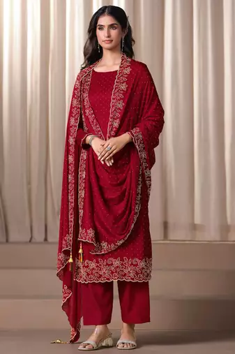 Red beads work satin chiffon semi-stitched pant style salwar kameez for wedding party