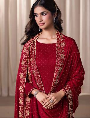 Red beads work satin chiffon semi-stitched pant style salwar kameez for wedding party 3