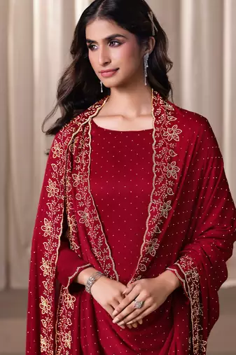 Red beads work satin chiffon semi-stitched pant style salwar kameez for wedding party