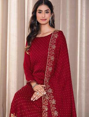 Red beads work satin chiffon semi-stitched pant style salwar kameez for wedding party 4