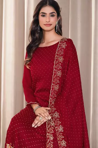 Red beads work satin chiffon semi-stitched pant style salwar kameez for wedding party