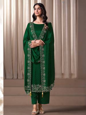 Green beads work satin chiffon semi-stitched pant style salwar kameez for wedding party 1