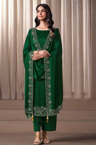 Green beads work satin chiffon semi-stitched pant style salwar kameez for wedding party
