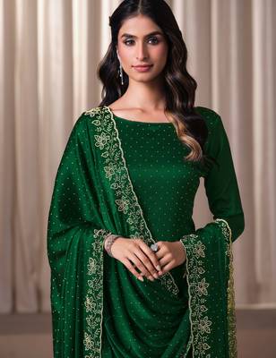 Green beads work satin chiffon semi-stitched pant style salwar kameez for wedding party 2