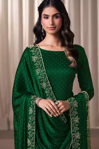 Green beads work satin chiffon semi-stitched pant style salwar kameez for wedding party