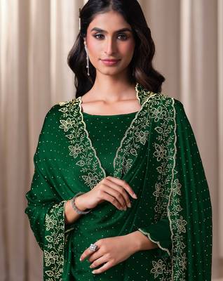 Green beads work satin chiffon semi-stitched pant style salwar kameez for wedding party 3
