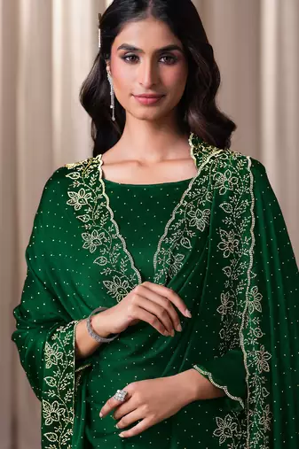 Green beads work satin chiffon semi-stitched pant style salwar kameez for wedding party