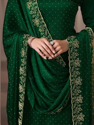 Green beads work satin chiffon semi-stitched pant style salwar kameez for wedding party 4