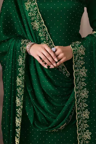 Green beads work satin chiffon semi-stitched pant style salwar kameez for wedding party
