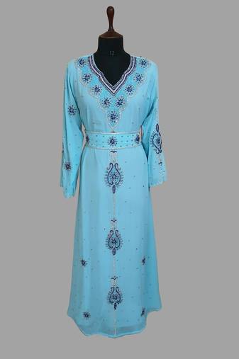 Turquoise-blue color luxurious Handmade Moroccan Kaftan with hijjab