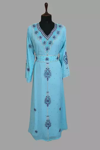 Turquoise-blue color luxurious Handmade Moroccan Kaftan with hijjab