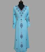 Turquoise-blue color luxurious Handmade Moroccan Kaftan with hijjab