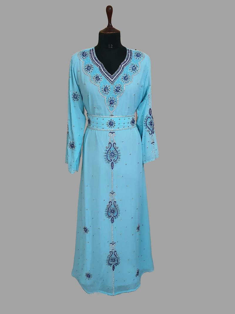 Turquoise-blue color luxurious Handmade Moroccan Kaftan with hijjab