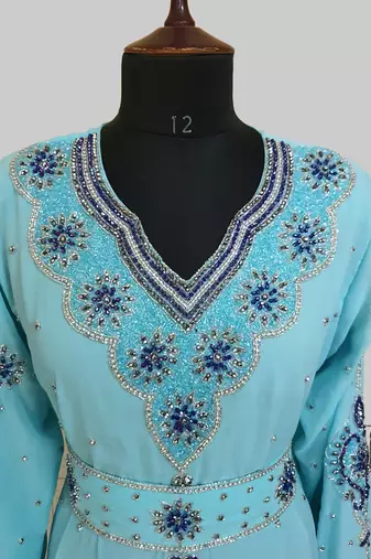 Turquoise-blue color Handmade Moroccan Kaftan with hijjab