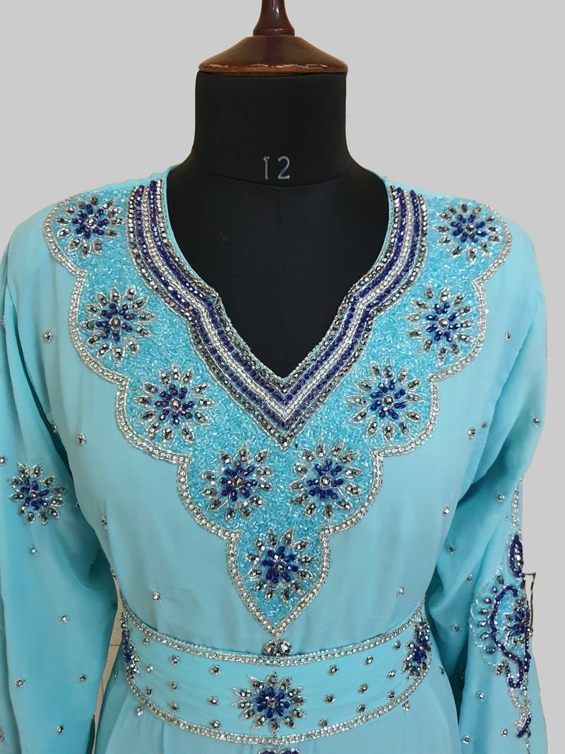 Turquoise-blue color luxurious Handmade Moroccan Kaftan with hijjab