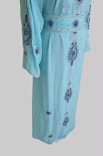 Turquoise-blue color Handmade Moroccan Kaftan with hijjab