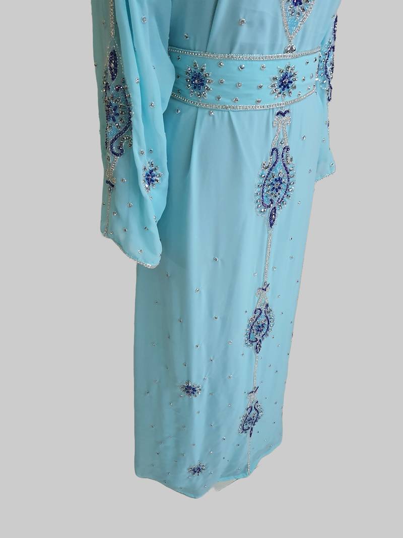 Turquoise-blue color luxurious Handmade Moroccan Kaftan with hijjab