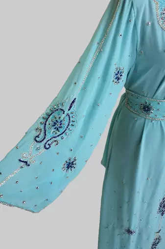 Turquoise-blue color Handmade Moroccan Kaftan with hijjab