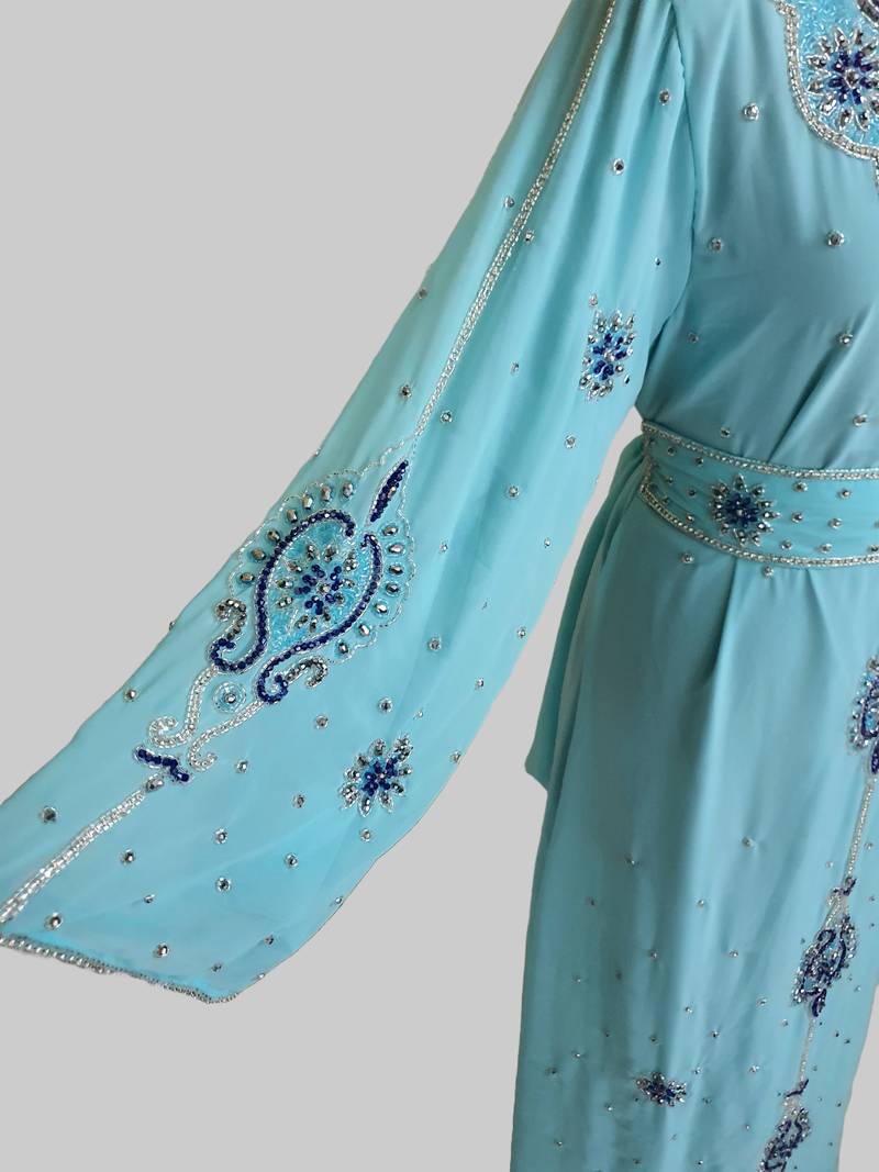 Turquoise-blue color luxurious Handmade Moroccan Kaftan with hijjab