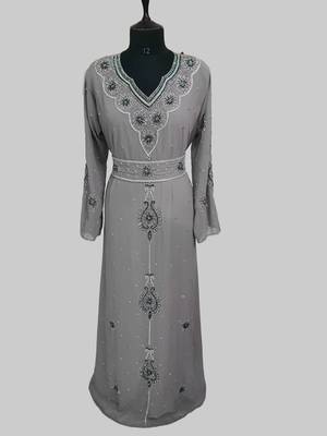 Grey color Handmade Moroccan Kaftan with hijjab 1