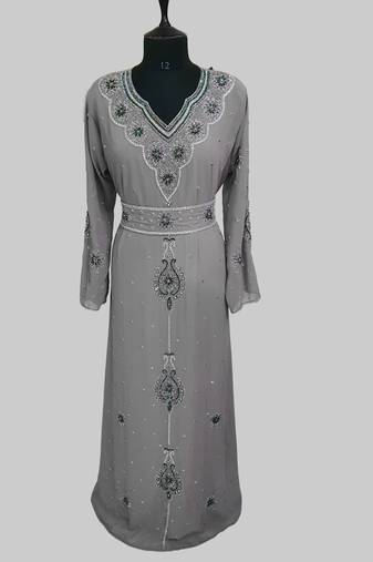Grey color luxurious Handmade Moroccan Kaftan with hijjab