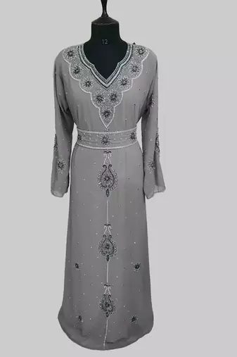Grey color luxurious Handmade Moroccan Kaftan with hijjab