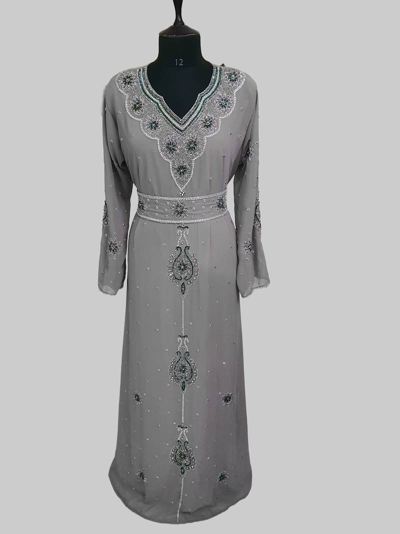 Grey color luxurious Handmade Moroccan Kaftan with hijjab