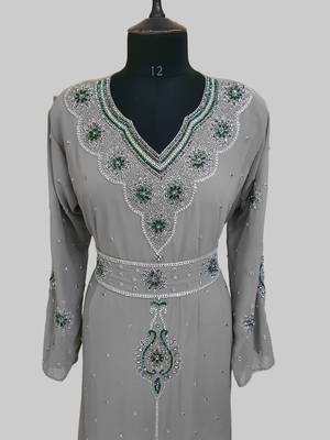 Grey color Handmade Moroccan Kaftan with hijjab 2