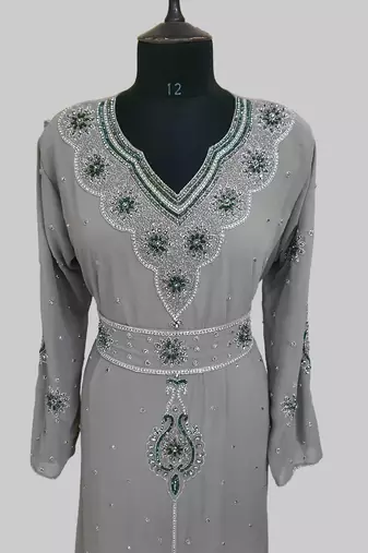 Grey color Handmade Moroccan Kaftan with hijjab