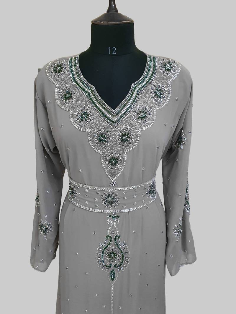 Grey color luxurious Handmade Moroccan Kaftan with hijjab