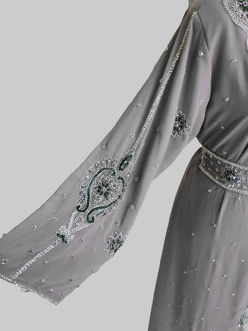 Grey color luxurious Handmade Moroccan Kaftan with hijjab