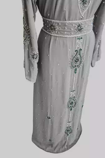 Grey color Handmade Moroccan Kaftan with hijjab