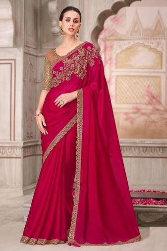 pink,beige silk blend embroidered wedding-sarees