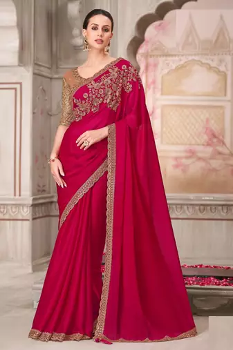 pink,beige silk blend embroidered wedding-sarees
