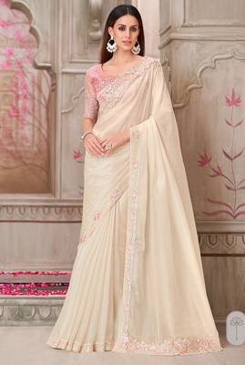 cream pink silk blend embroidered wedding-saree 1