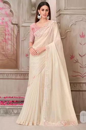 cream,pink silk blend embroidered wedding-sarees