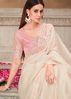 cream pink silk blend embroidered wedding-saree 2
