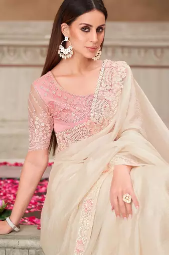 cream pink silk blend embroidered wedding-saree