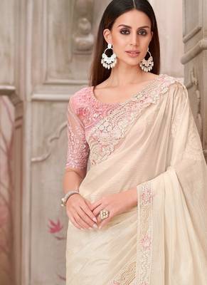 cream pink silk blend embroidered wedding-saree 3