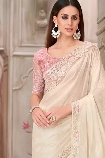cream pink silk blend embroidered wedding-saree