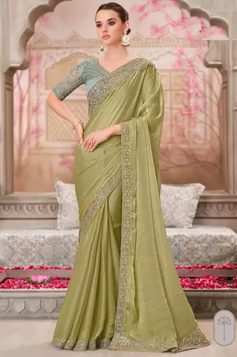 pista green,sea green silk blend embroidered bridal-sarees