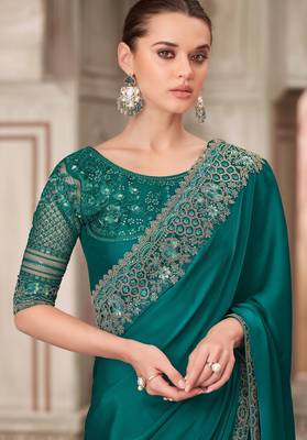 green silk blend embroidered wedding-saree 2