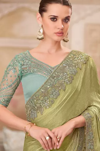 pista green sea green silk blend embroidered bridal-saree