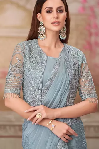 Grey georgette embroidered bollywood-saree