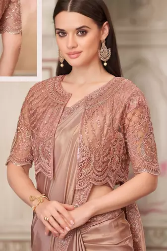 peach silk blend embroidered bollywood-saree