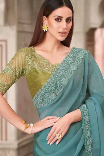 Sea green pista green georgette embroidered bollywood-saree