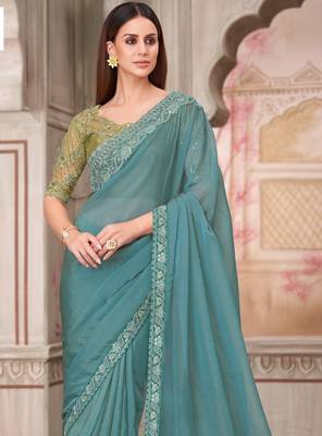 Sea green pista green georgette embroidered bollywood-saree 3